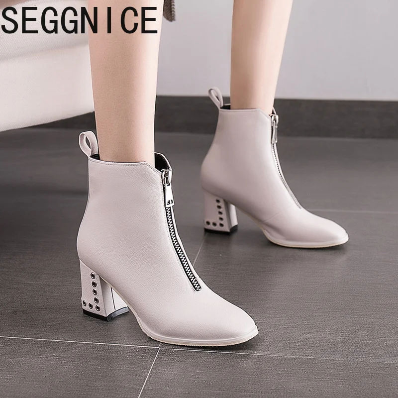 

2019 Spring Women Boots Square Heels Leather Zip Ankle Booties Platform Martin Shoes Women Fashion Winter Zapatos De Mujer
