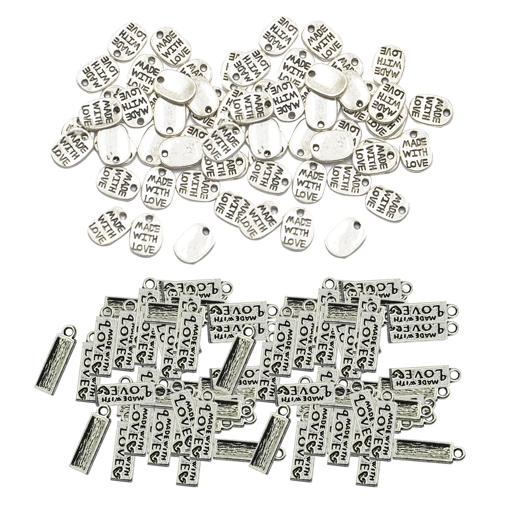 200pcs Jewelry Making Charm Rectangle Pendants MADE WITH LOVE Antique Design DIY Apparel Sewing Buttons Silver 