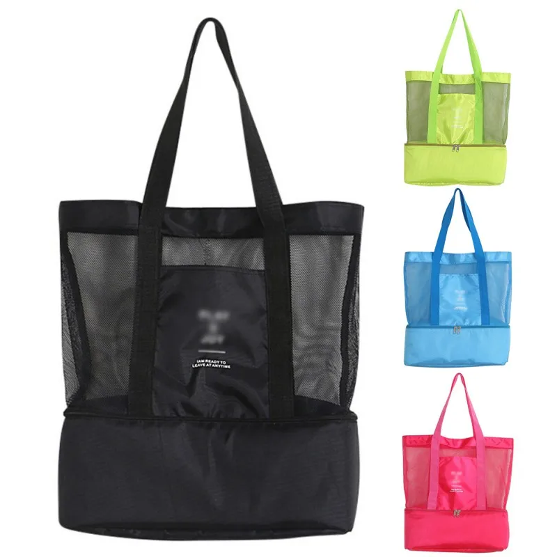 Портативная сумка с изоляцией еды, ручная сумка для обеда, изолированная сумка-холодильник для пикника, сетчатая пляжная сумка, спортивная сетчатая двухслойная сумка для хранения
