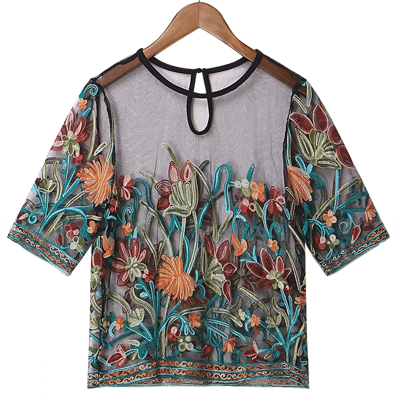 

Women Tulle Short Tops Fashion 2018 Summer Womens Casual Short Sleeve Vintage Retro Floral Embroidery T-shirt Tops