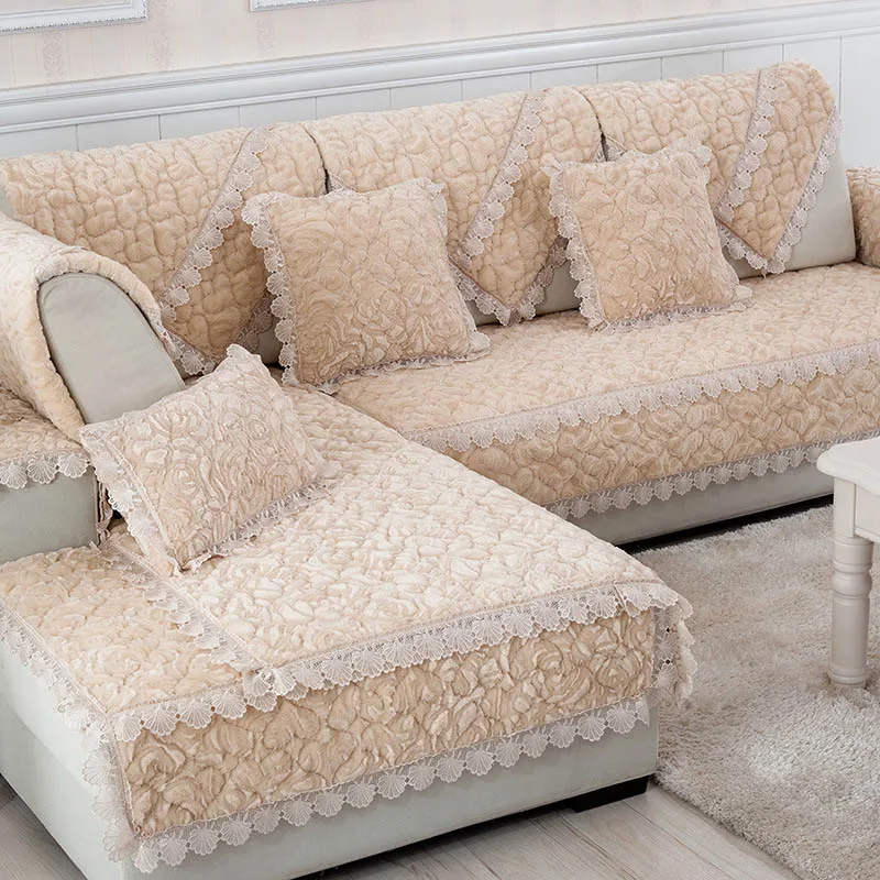 Фланелевый утолщенный чехол для дивана с вышивкой розы, Нескользящие Чехлы для дивана, полотенец, стульев, коврики для гостиной/гостиной, декоративные L-Shap - Цвет: cream color
