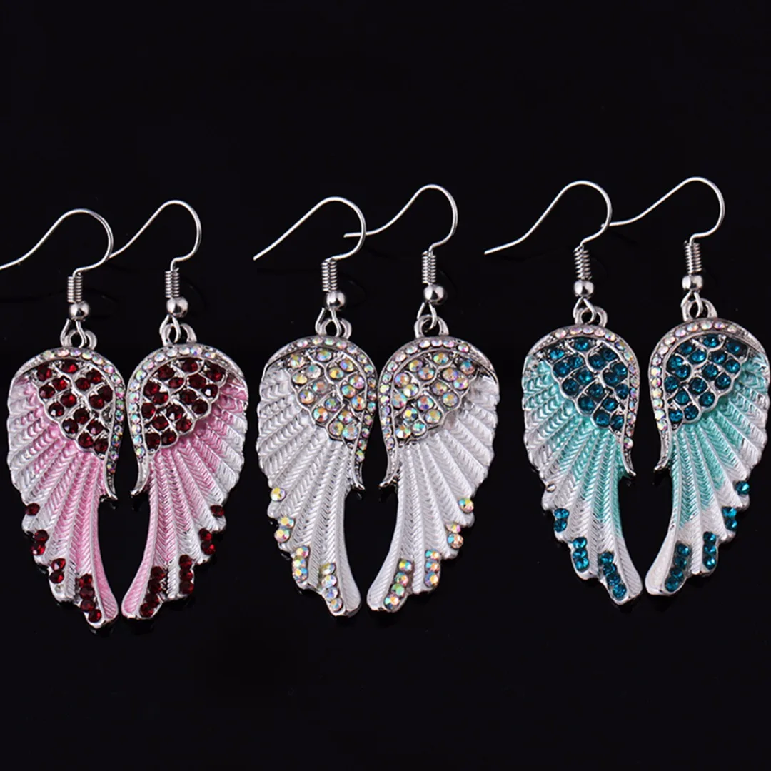 Fashion Romantic Blue White Pink Colors Angel Wings Earrings Crystal Rhinestone Long Dangle Earrings For Women Exquisite Jewelry
