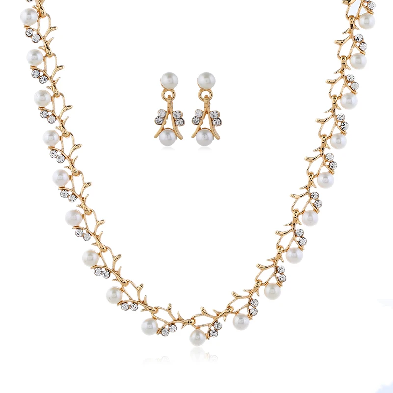 

Fashion Luxury Bride Wedding Metal Carving Leaves Faux Pearl Earrings & Necklace 2pcs/Set Simple Exquisite Women's Party Jewelry
