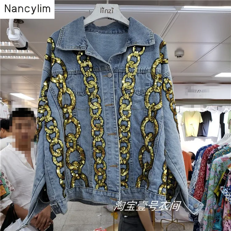 

Spring Autumn New Thailand Style Heavy Industry Sequins Imitation Chain Loose BF Wind Cowboy Jacket Female Denim Jacket Coat