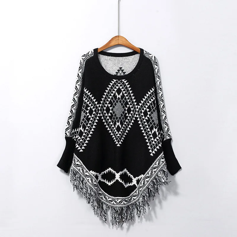 Plus Size Women Capes Patchwork Loose Poncho 2018 Autumn Winter Knitted Bat Sleeves Sweater Triangle Tassel O Neck Pullover Coat