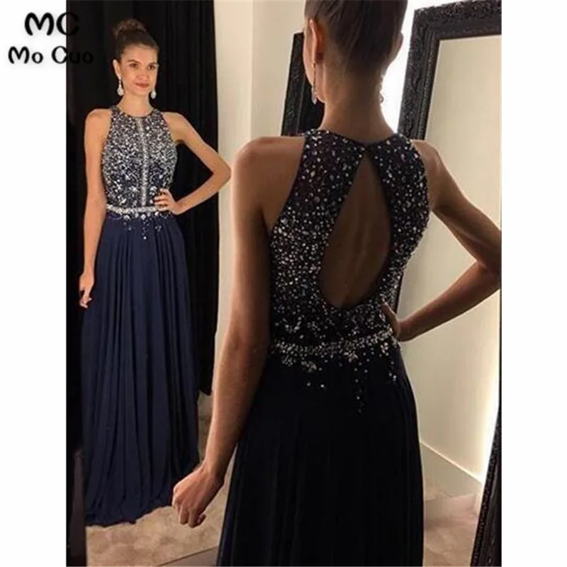 Elegant 2019 Dark Blue Evening Dresses Long with Beaded Crystals Chiffon Floor Length Backless Evening Prom Dress for Women