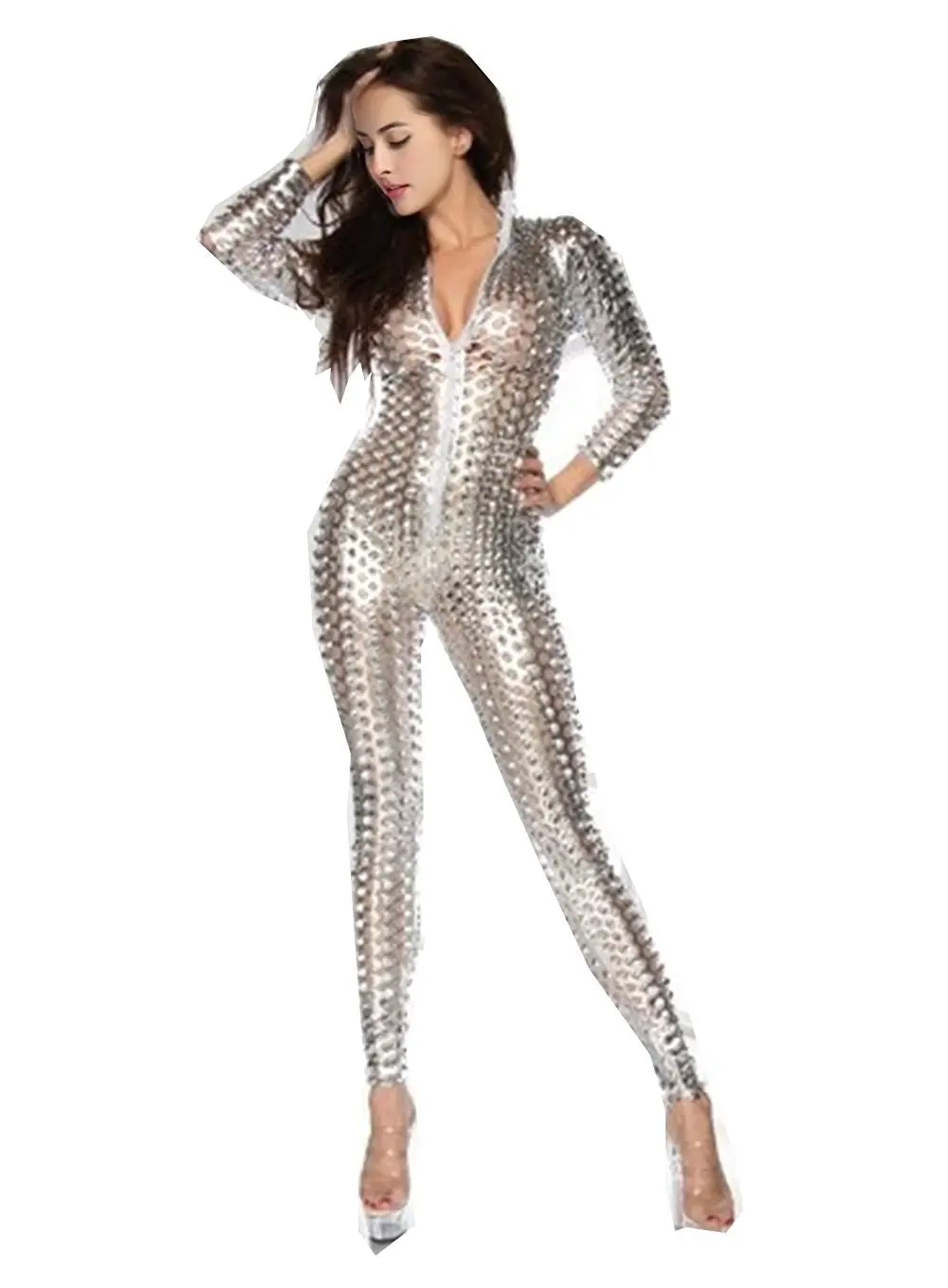 

LZCMsoft Unisex Hollow-carved Shiny Lycra Dancewear Catsuit Bodysuits Metallic Sexy Clubwear Turtleneck Cat Suits Stage Costume