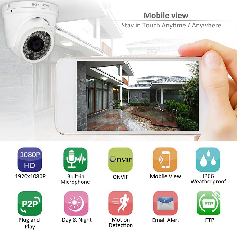 

HOSAFE 1080P HD IP Camera ONVIF Waterproof Motion Detection and Email Alert ,FTP access