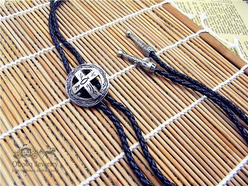 Bolo Tie Retro shirt chain Poirot led rope leather circle cross necklace Long tie hang