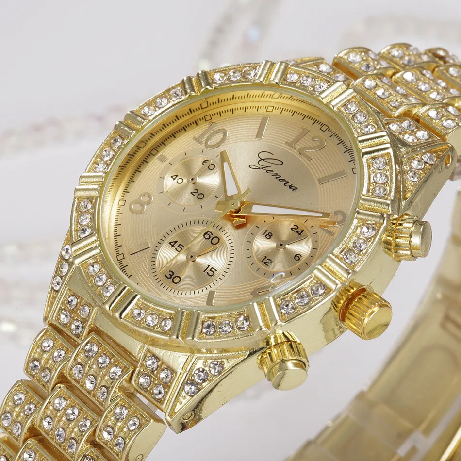 Модные Женевская нержавеющая сталь роскошные женские Кристальные кварцевые аналоговые Топ Дизайн уровень наручные стильные роскошные сверкающие часы