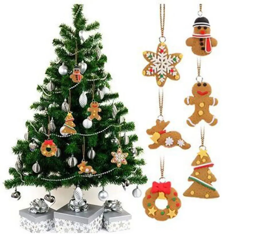 

6pcs set Soft Pottery Snowflake Man And House Christmas Tree Pendant Drop Ornaments Gingerbread Christmas Tree Decor