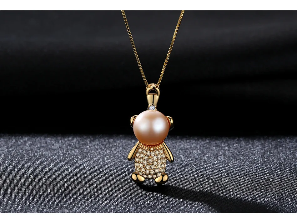 

HAIMIS Lovely Bear Micro-inlay 925 Sterling Silver Freshwater Pearls Women Girls Pendant Necklaces