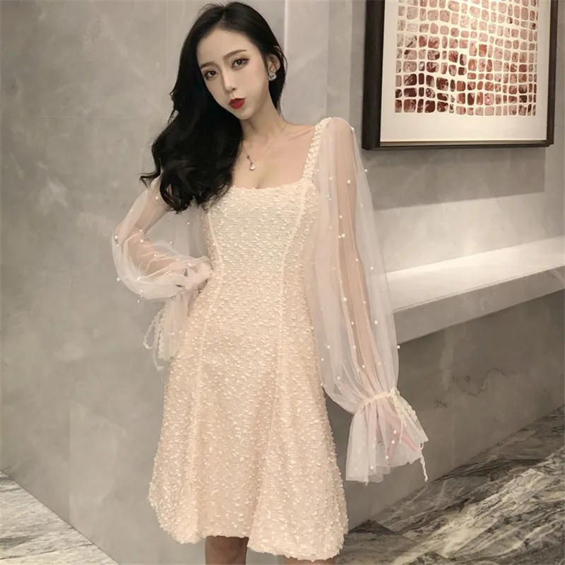 

Women 2019 Spring Fashion Dress Long Mesh Puff Sleeve Mesh Dress Sexy Square Collar A Line Mini Dress Elegant Pearl Fairy Dress