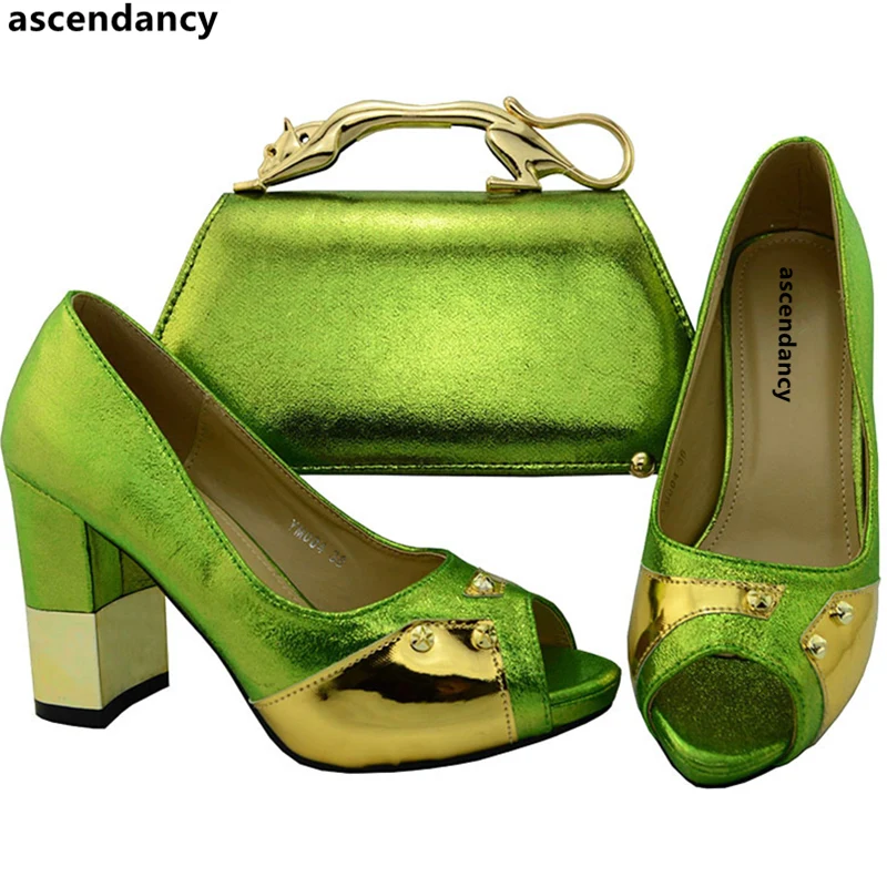 

Lemon Green Color African Shoes and Matching Bags Italian Shoes and Bags To Match Shoes with Bag Set Decorated with Rhinestone
