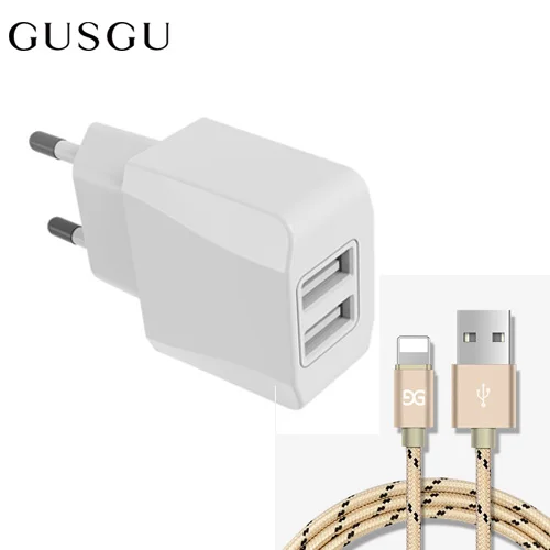 GUSGU Dual USB зарядное устройство для iPhone 7 8 6 X S Max iPad EU вилка адаптер для путешествий настенное зарядное устройство 2A зарядный кабель для Lightning 1,5 м - Тип штекера: White-Gold