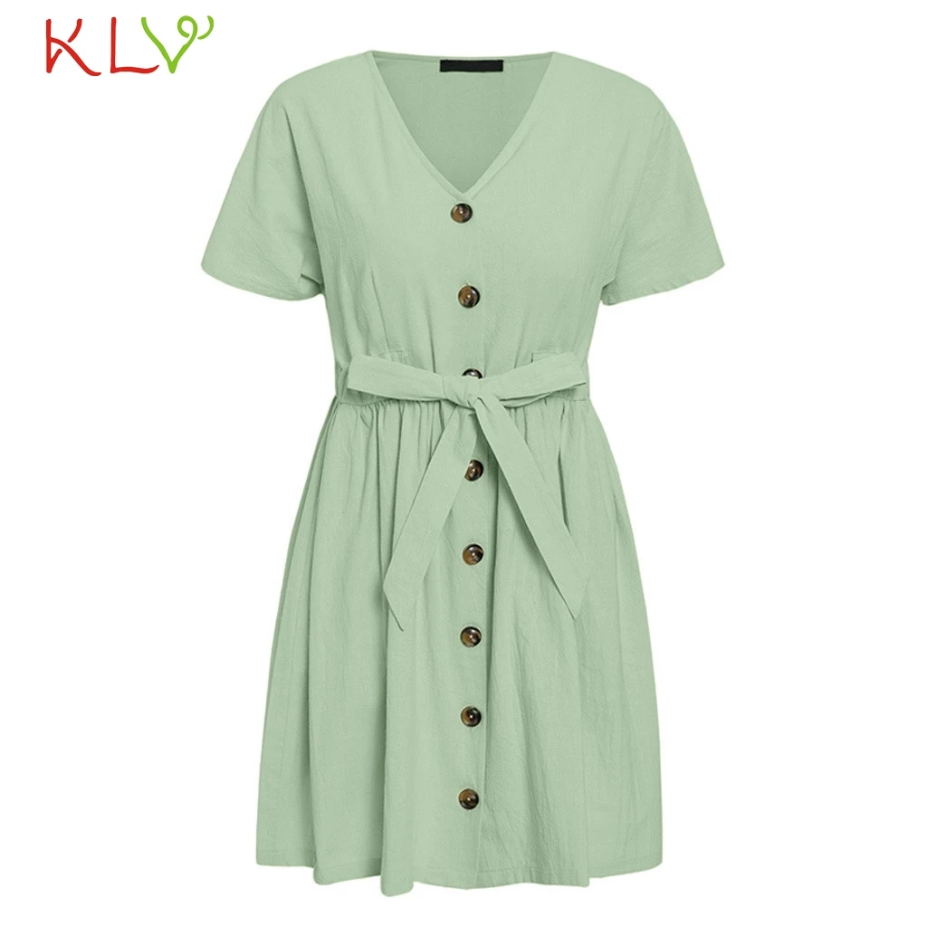 Женское сексуальное льняное винтажное платье с v-образным вырезом и коротким рукавом, мини-платье на пуговицах, повседневное уличное летнее платье, Vestido 19Apr9 - Цвет: Green