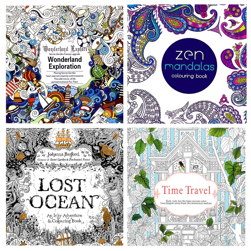 4 Pcs English Version 24 Pages Time Travel Lost Ocean Coloring Book Mandalas Flower For Adult Relieve Stress Drawing Art Book