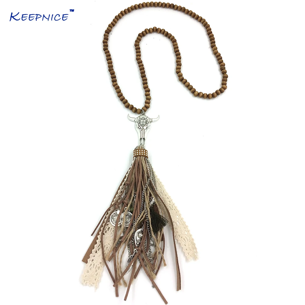 

2017 New Boho Tibet antique Silver Tauren pendant necklace leather lace Tassel beaded chain Necklace taurus charm necklace