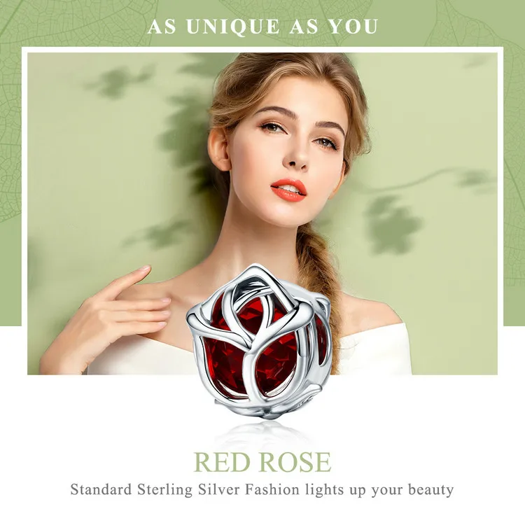 BAMOER Романтический 925 пробы Серебряный цветок розы, Красные кристаллические очаровательные бусины подходят для женщин браслет DIY ювелирных изделий SCC568