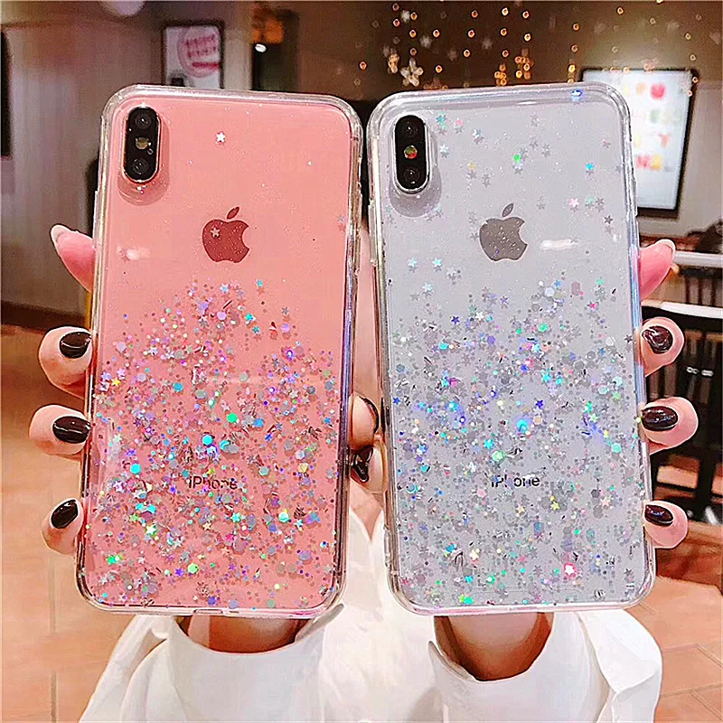

Luxury Bling Glitter Stars Sequins Case For iPhone 11 Pro XS MAX XR X Transparent Silicone Case For iphone 8 7 6 6S Plus Cover