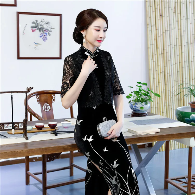 Черное двойное кружево винтажное платье длинный Чонсам современный оригинальный тонкий Qi Pao женское китайское традиционное платье Qipao