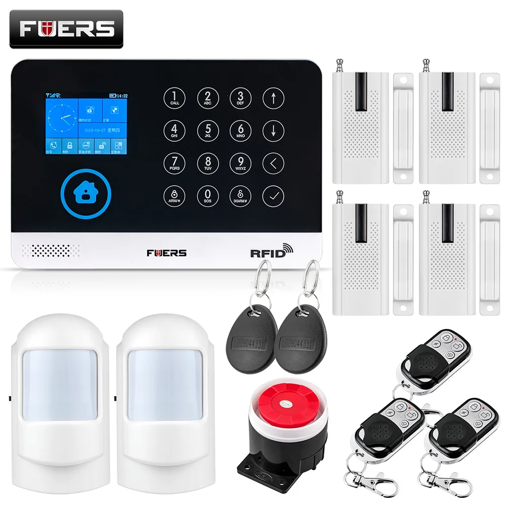 

FUERS Wireless Home Security GSM WIFI SIM Alarm System IOS Android APP Remote Control RFID Card PIR Door Sensor Siren kit