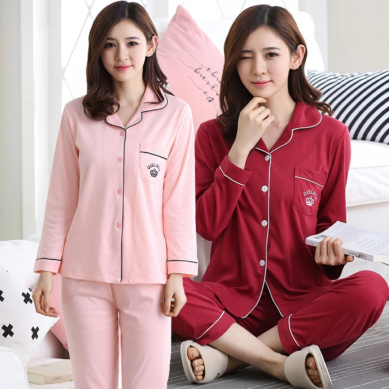 

100% Cotton Pajamas Sets for Women 2019 Spring Autumn Long Sleeve Sleepwear Pyjama Loungewear Homewear Pijama Mujer Home Clothes
