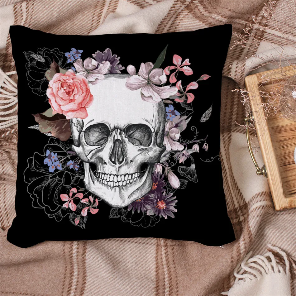 

Sugar Skull Cushion Cover Halloween Pink Rose Print Square Pillow Case Living Room Sofa Seat Kids Throw Pillow Cover funda cojin