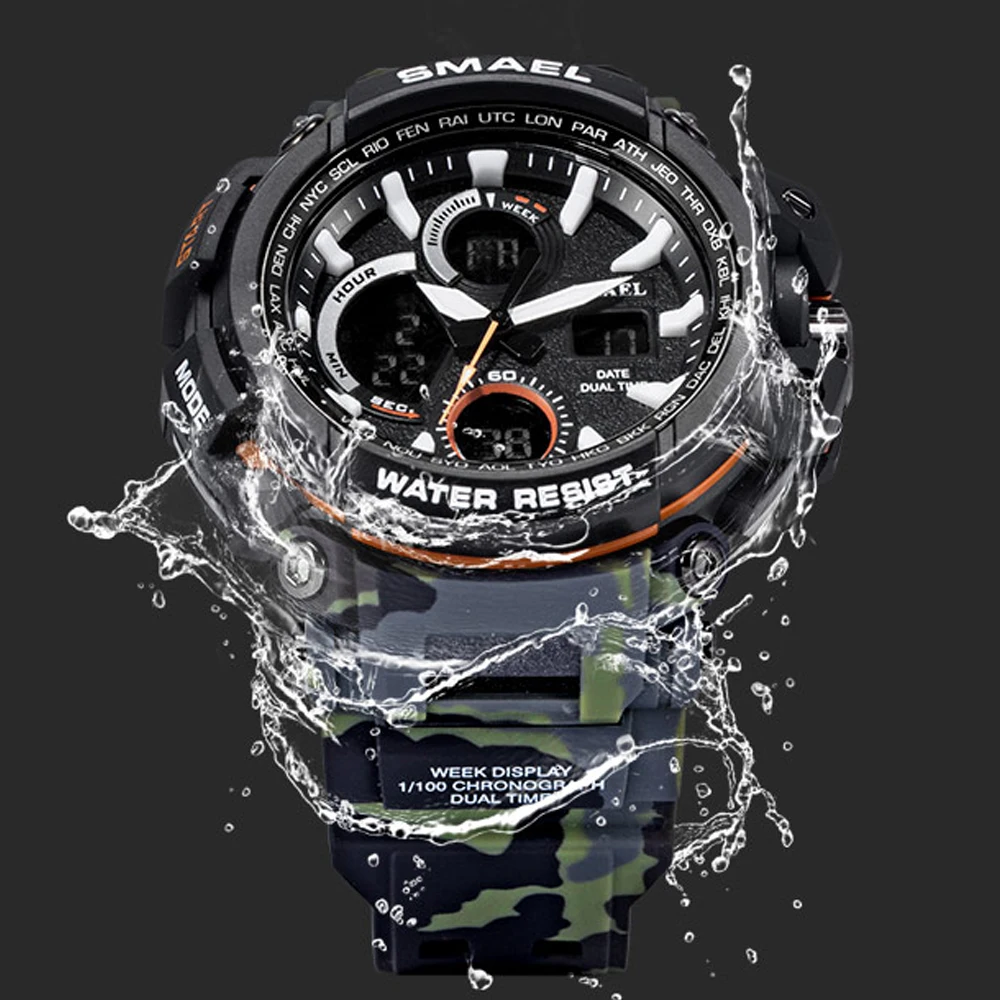  SMAEL 50m Waterproof Men's Military Watches Dual Display Men Sport Digital Watches Male Quartz Wris