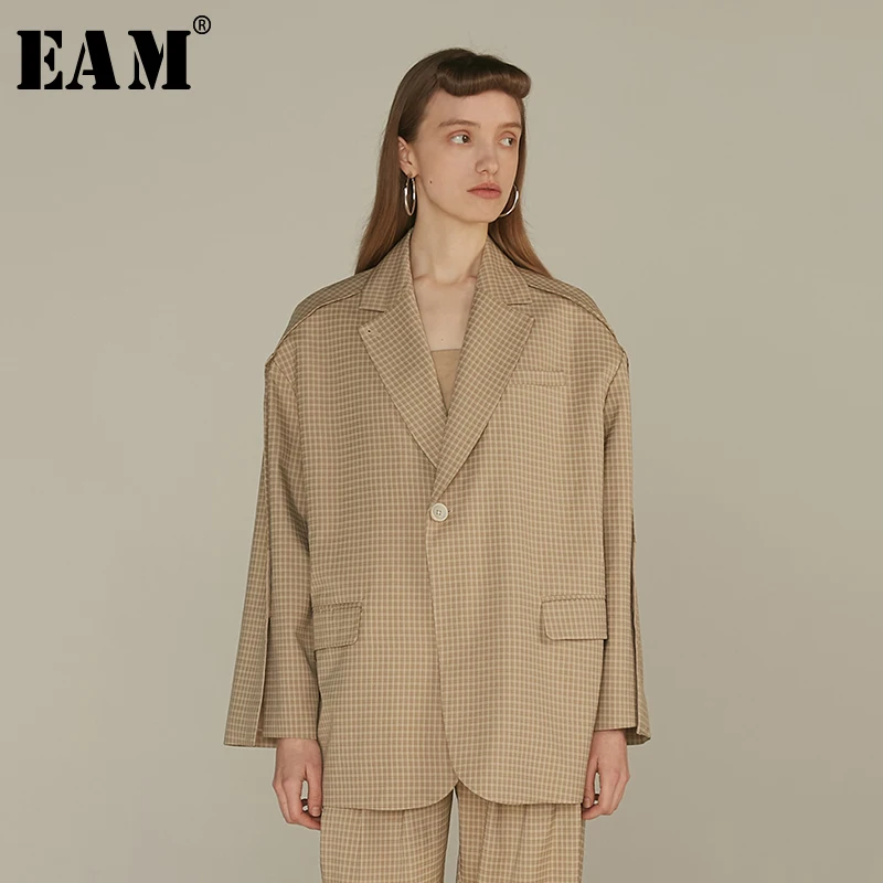 

[EAM] 2019 New Autumn Winter Lapel Long Sleeve Brief Plaid Button Pockets Split Big Size Jacket Women Coat Fashion Tide JY036