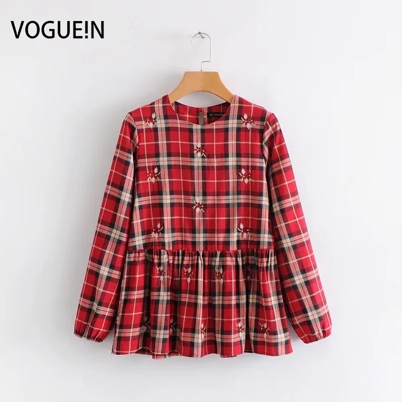 

VOGUEIN New Womens Checks Print Long Sleeve Embroidered Pullover Blouse Tops Shirt Wholesale