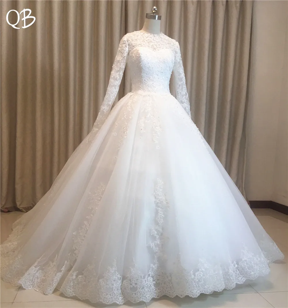 

100% Real Photo Princess Long Sleeve Fluffy Tulle Lace Beading Flowers Wedding Dresses Long Elegant Muslim Bridal Gowns DW125