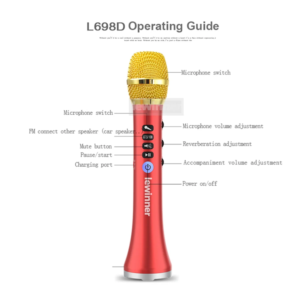 Lewinner, обновленный L-698D, профессиональный, 20 Вт, портативный, беспроводной, Bluetooth, караоке, микрофон, динамик с большой мощностью для пения/встречи