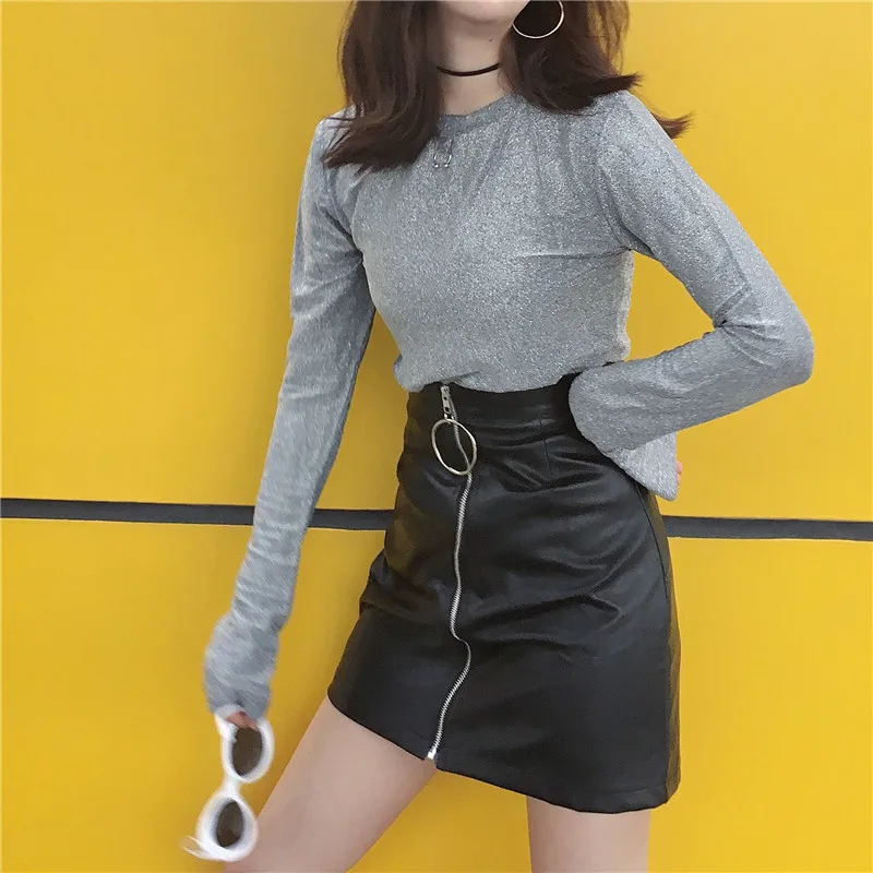 Весенне-летние корейские шикарные юбки на молнии с металлическим кольцом для женщин Harajuku короткая черная юбка из искусственной кожи с высокой талией