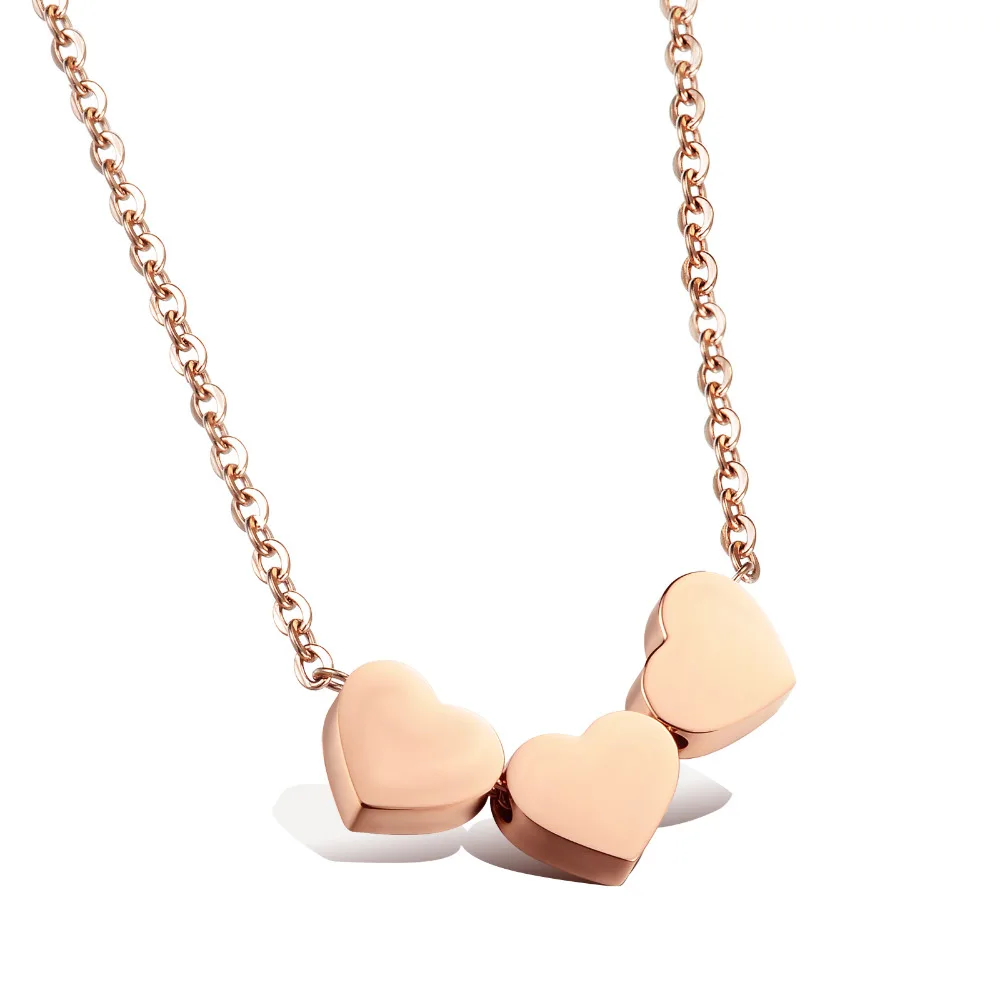 Stainless Steel Necklaces Three Hearts Pendant Rose Gold Link Chain Woman Collarbone New Fashion Jewelry Cute Lovely | Украшения и
