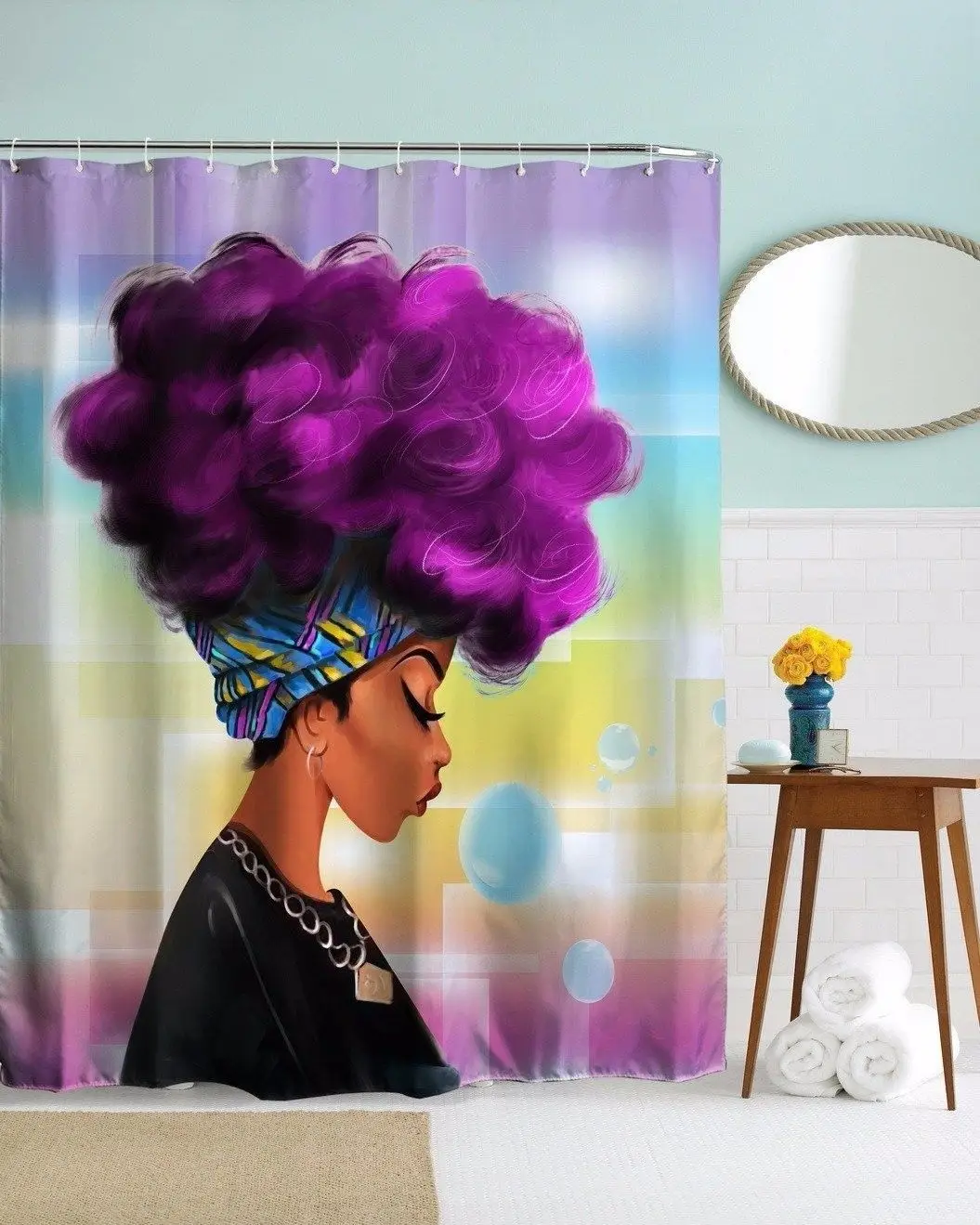 Afro Shower Curtain African Woman with Purple Hair Watercolor Portrait