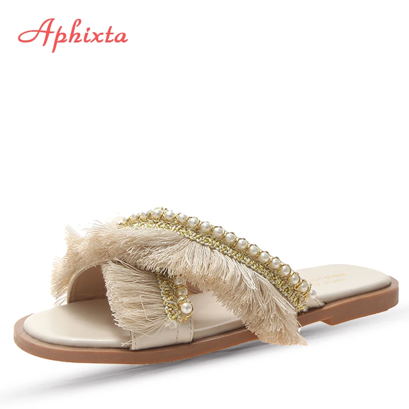 Aphixta/женские шлепанцы на плоской подошве с бахромой Женские вьетнамки из