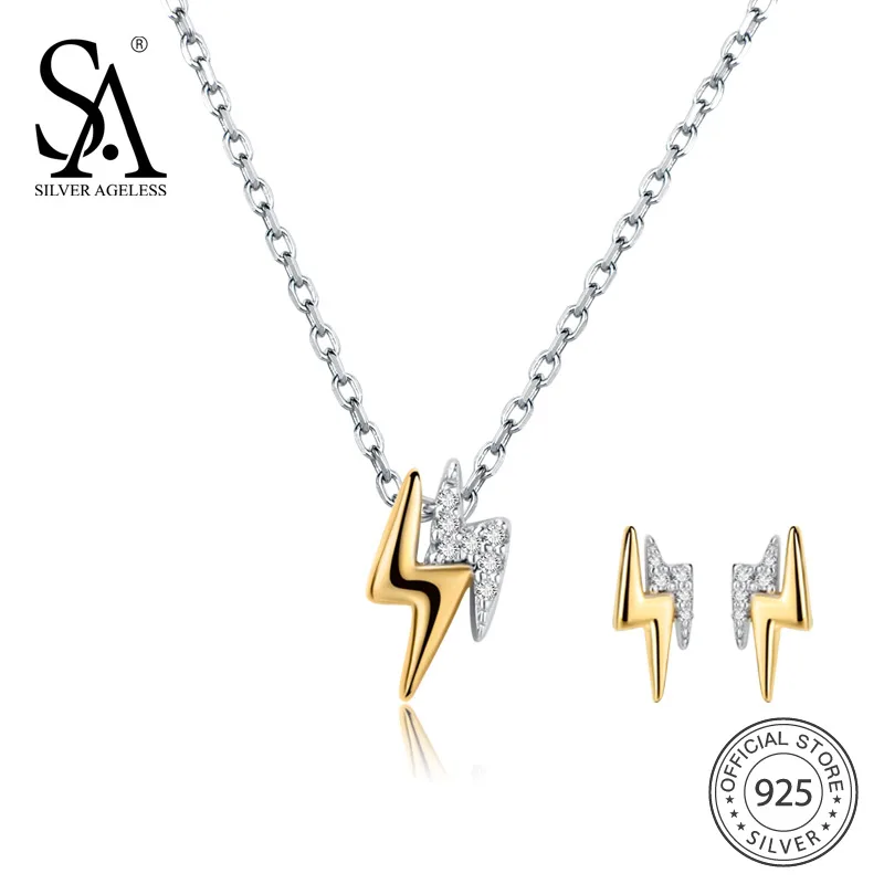 

SILVER AGELESS 925 Sterling Silver Lightning Stud Earrings Necklaces Jewelry Sets AAA Zirconia 925 Silver Earrings Necklaces Set