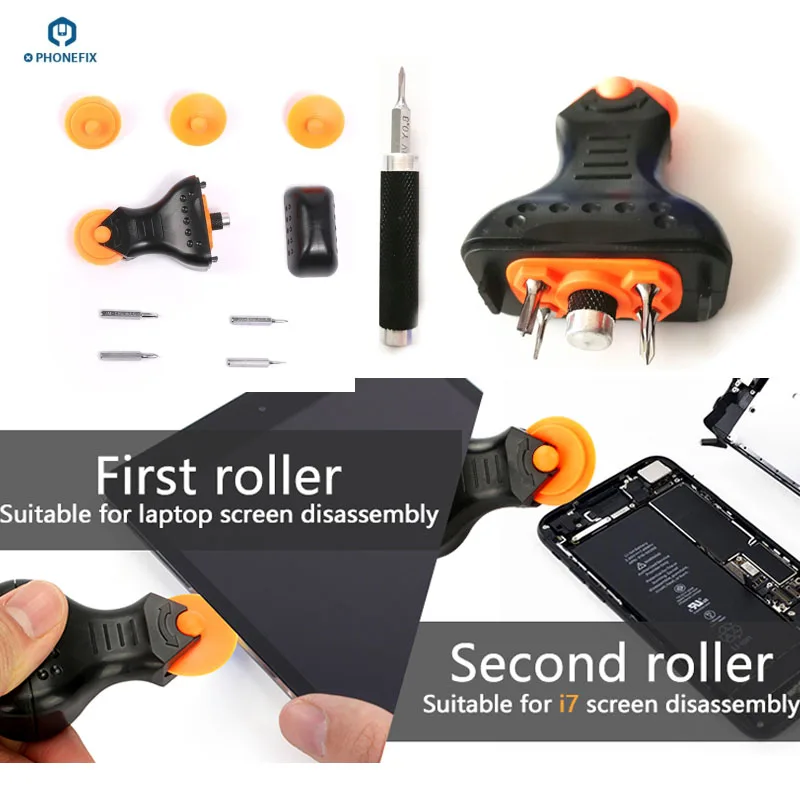 

PHONEFIX Assembleable Phone Laptop LCD Screen Opening Tools Set with 3 Replaceable Roller Opener 1 Handle 4 Screwdriver Tips