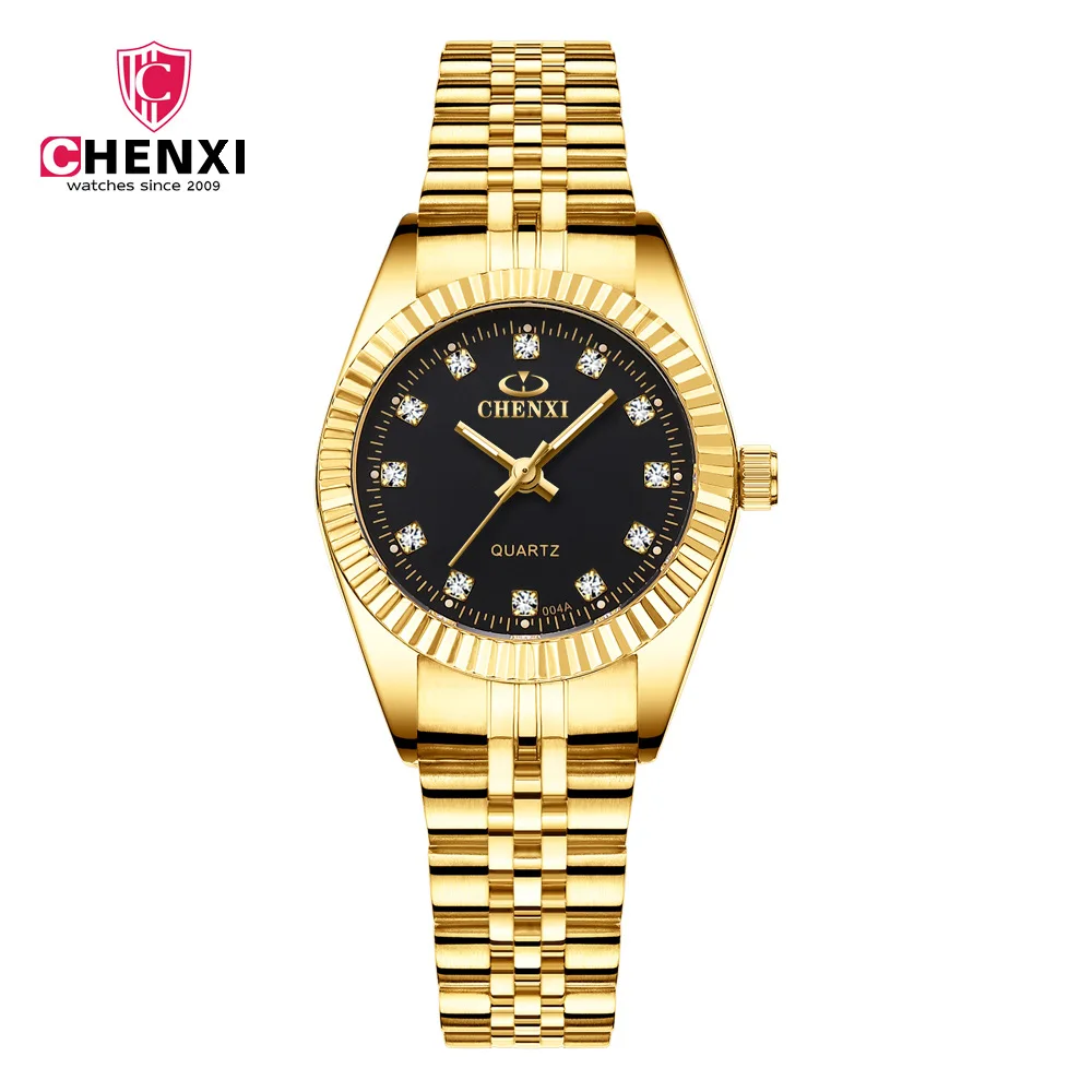 Chenxi часы для влюбленных, мужские, женские, Лидирующий бренд, роскошные золотые часы для пары, браслет из нержавеющей стали, кварцевые часы, Reloj De Numero Para Mujer - Color: black female