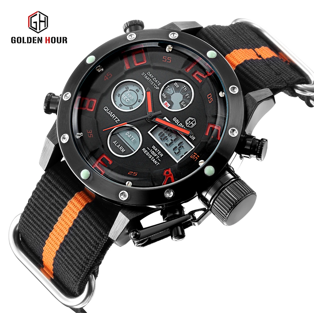 

GOLDENHOUR Multifunction Watches Man Top Brand Luxury Nylon Military Watch Men Sports Watches Waterproof Relogio Masculino 2018