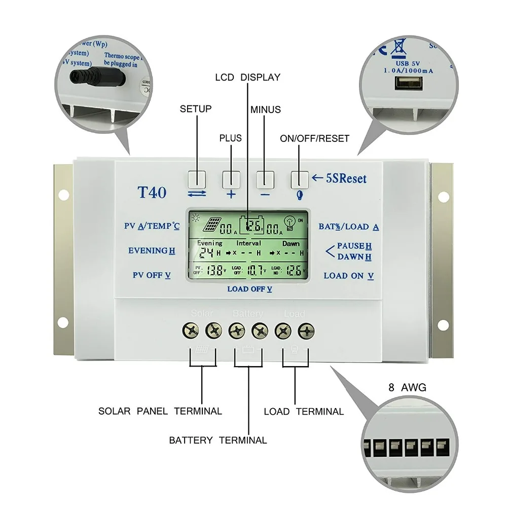 Controlador de Carga Regulador de Bateria Solar de 12v Solar Mppt 40a - 24v Bateria Automática Lcd Duplo Temporizador Controle T10 T20 T30 T40 10a 20a 30a 30a 40a, controlador de carga solar de
