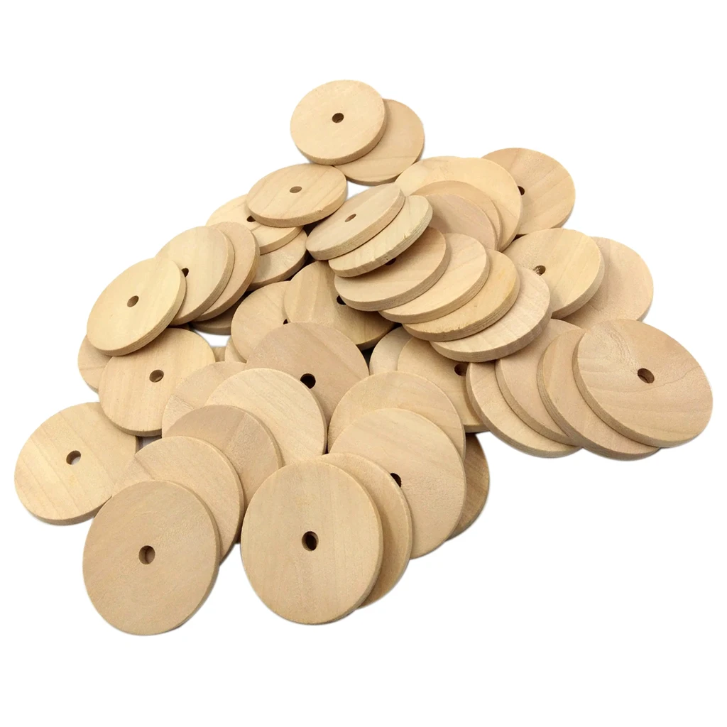 50pcs Round Unfinished Wooden Shape Pieces with Hole for DIY Painting