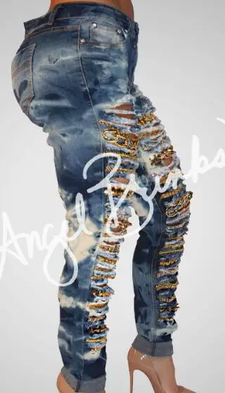 2018 New Blasting Holes High Waist Jeans Women's Pant Straps Chain Casual Stretch Skinny Jeans Femme Plus Side