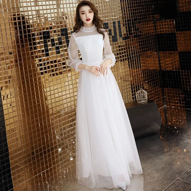 Сексуальное Белое Тюлевое длинное вечернее платье, винтажное платье в горошек с длинным рукавом, прозрачные вечерние платья, элегантное вечернее платье, Новое поступление - Цвет: White Dress