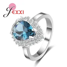 JEXXI 1Pc 925 Stamp Sterling Silver Water Drop Woman Rings Clear Oval Blue Crystal Fashion Wedding Engagement Accessories