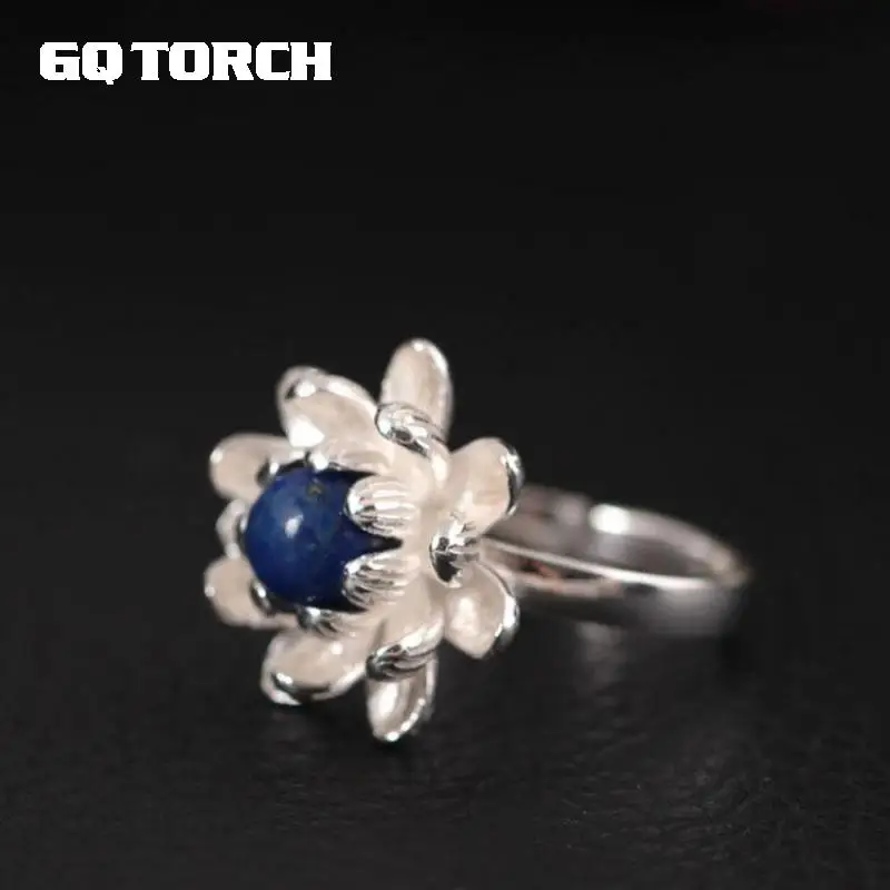 

Original 925 Sterling Silver Rings For Women With Beautiful 3d Lotus Natural Lapis Lazuli Pearl Flower Rings Anel Preto