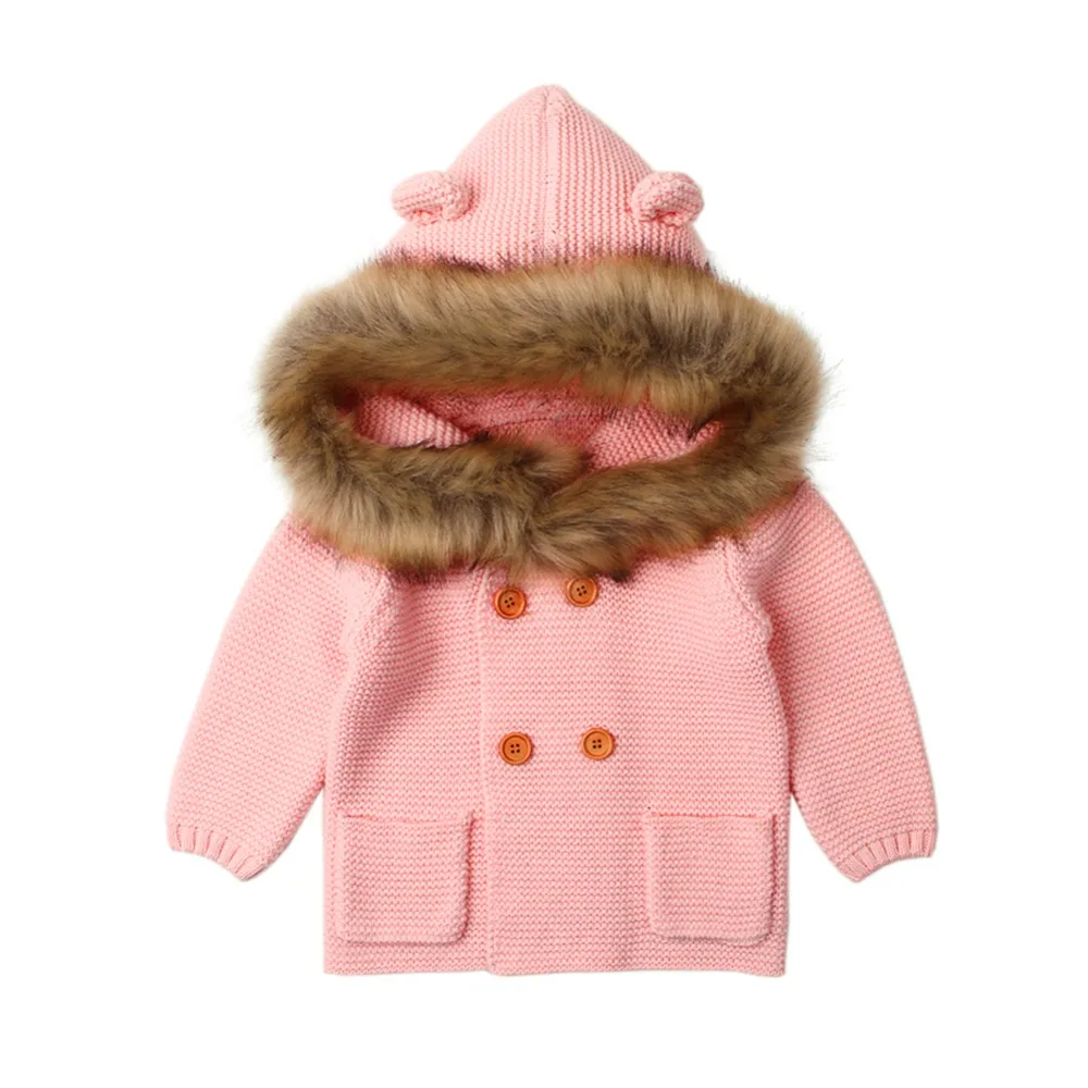 Winter Warm Newborn Baby coat Fur Hood Detachable Grey Infant Boys Girl Knitted Cardigan Fall Outwear Children Knitwear sweater