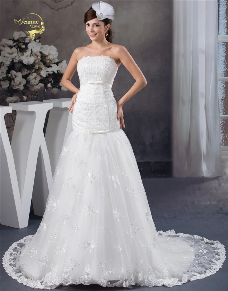 

Jeanne Love Lace Tulle Beading Mermaid Wedding Dresses 2019 Gorgeous Strapless Bow Robe De Mariage JLOV75975 Vestido De Noiva