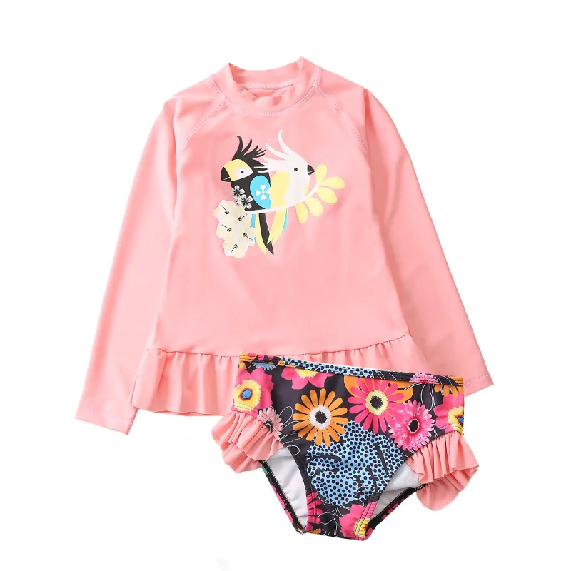 Коллекция года, купальный костюм из двух предметов для девочек, Ins, купальник с фламинго для девочек возрастом от 2 до 10 лет, детский купальный костюм с ананасом, пляжная одежда для детей, CZ974 - Цвет: pink parrot